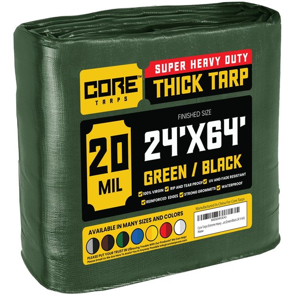 Core Tarps 64 ft L x 0.5 mm H x 24 ft W Heavy Duty 20 Mil Tarp, Green/Black, Polyethylene CT-703-24X64